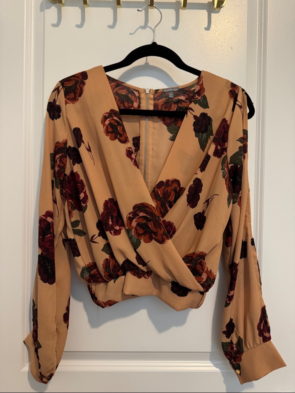Charlotte Russe Tan Floral Surplice Blouse with Burgundy Roses